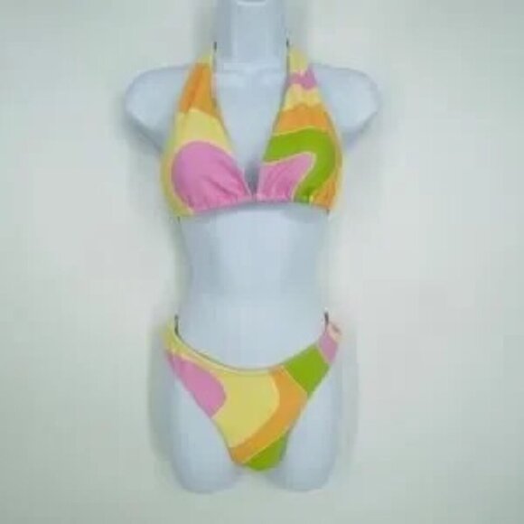 Aurelle Indio Bikini Set Size S NWOT Abstract Print Yellow Pink - Picture 1 of 5